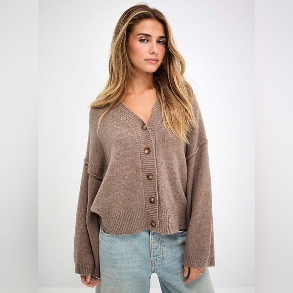 Free People Sweaters - Free People Cool Of The Night Cardigan M Mocha Melange Oversized Button Front